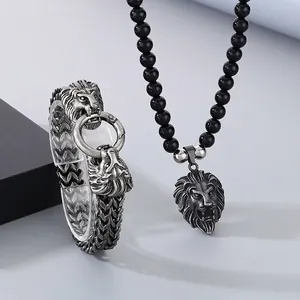 Men Vintage Lion Head Stainless Steel Braided Bracelet And Black Agate Beaded Necklace Punk Hip Hop Jewelry Accessory