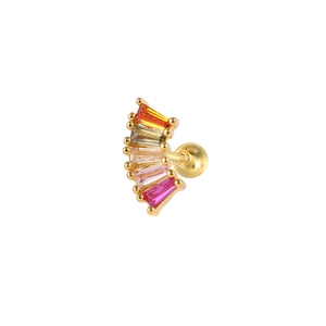 Macro detail of fan-shaped sterling silver stud earring with colorful gradient gems