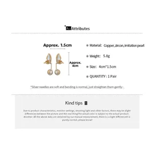Detailed size chart showing 4cm by 1.5cm butterfly pearl earrings with silver needle post