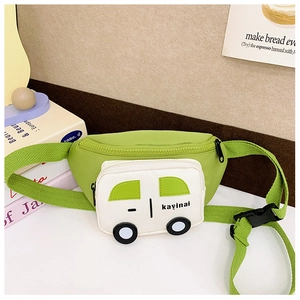 Detail of cute green and white car-shaped kids chest bag with durable nylon texture