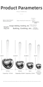 Detailed size chart of four heart-shaped stainless steel measuring spoons with capacities