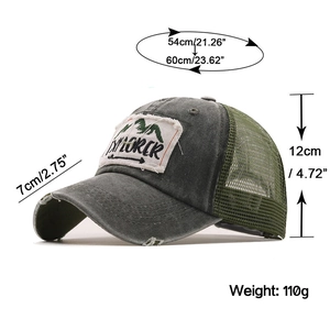 Detail view of washed cotton explorer baseball cap with specific size and weight labels