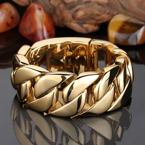Gros bracelet gourmette hip hop de 31mm en acier inoxydable plaqué or 18 carats