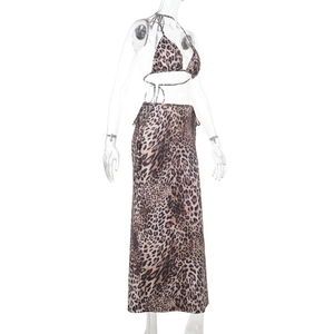 Three-piece leopard print bikini set including halter top and matching slim long skirt