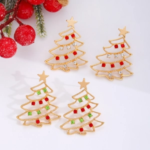 Golden Christmas tree stud earrings with colorful rhinestones and star top detail