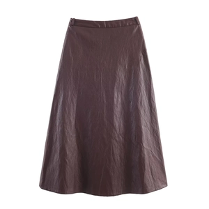 Gonna midi alla moda in pelle sintetica marrone scuro con silhouette a trapezio