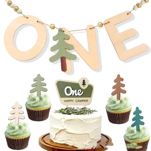 Wooden ONE camper banner and forest cake toppers for first birthday party decoration