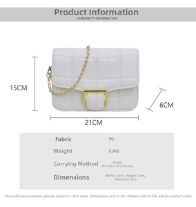 Size chart showing 21x15x6cm dimensions for the white quilted PU leather crossbody bag