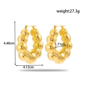 Golden textured bubble hoop earrings in stainless steel with dimension measurements