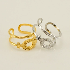 Adjustable stainless steel ring set featuring gold and silver buckle designs with bead trim