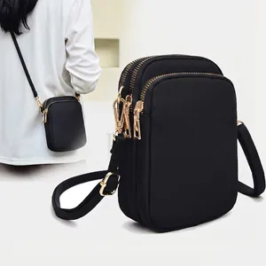 Mini Crossbody Phone Bag Nylon Three Layer Zipper Small Shoulder Purse Solid Color Lightweight For Women