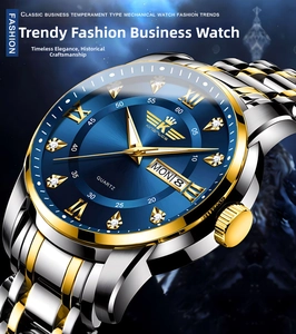 Macro detail of the polished dual-tone steel watch band and the blue sunburst roman dial