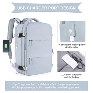 Detail view of backpack featuring built-in USB charging port and connection instructions