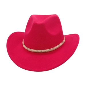 Detailed close-up of rose red felt fedora hat featuring woven band and wide curved brim