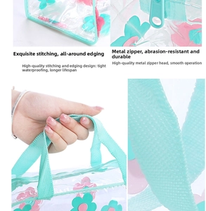 Detail of waterproof PVC toiletry bag with floral print and reinforced stitching