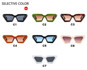 Detailed grid display of trendy triangular cat-eye sunglasses in seven color variants