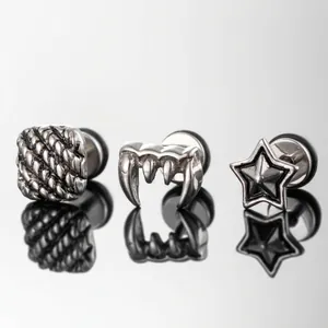 Punk style stainless steel stud earrings in square, claw and star shapes with reflections