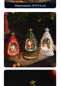 Detailed view of Christmas tree snow globe light with dimensions 8x4x14cm in festive setting