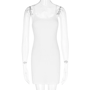 Close-up of white rib-knit fabric texture on a slim fit bodycon camisole mini dress