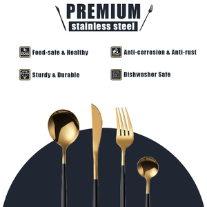 Premium 24-piece black and gold stainless steel cutlery set with mirror finish