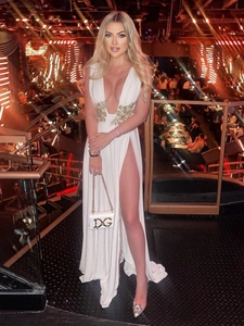 Elegant white deep V-neck evening gown with gold sequin floral embroidery and high slit