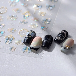 Autocollants Art Des Ongles 3D Gaufrés Holographique Laser Nœud Cadre Rétro Adhésifs Manucure Élégant Fille