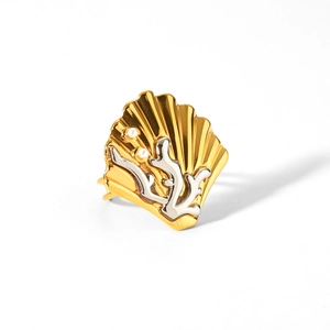 Two-tone stainless steel coral ring with golden shell and white pearls for women