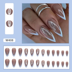 French blue almond press-on nails with silver wing charms and V-tip design set