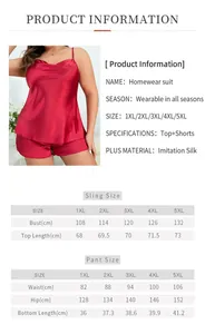 Detailed size chart for plus size satin pajama set showing measurements from 1XL to 5XL