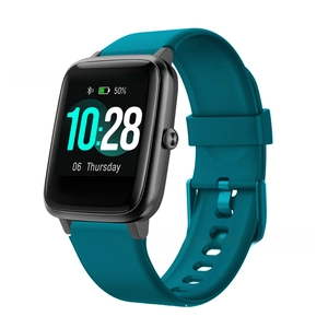 Detail view of teal silicone 19mm watch strap for ID205L with matte black square case