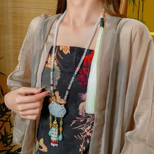 New Chinese Style Long Beaded Necklace With Glazed Glass Ruyi Lock Pendant And Satin Tassel Vintage Ethnic Jewelry For Women