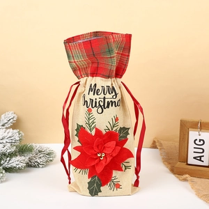 Christmas burlap wine bottle gift bag with red poinsettia and Merry Christmas print