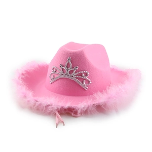 Close-up of pink western cowgirl hat with fluffy feather trim and rhinestone tiara detail