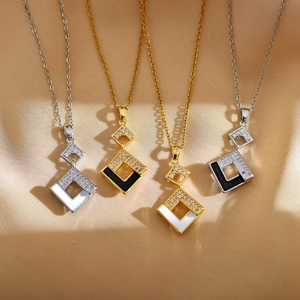 Geometric Rhombus Pendant Necklace Stainless Steel Enamel Rhinestone Micro Inlaid Korean Style Luxury Jewelry For Women