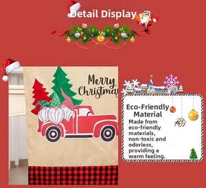 Eco-friendly linen Christmas chair cover with red truck and gnome patterns in detail