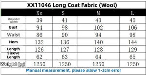 Size chart for black long wool coat with detailed measurements in cm from XS to L