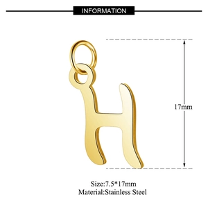Detailed size chart for golden stainless steel letter H pendant measuring 7.5 by 17mm