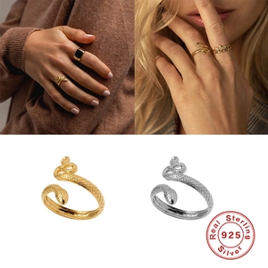 Minimalist S925 sterling silver open snake ring with detailed scale texture for women