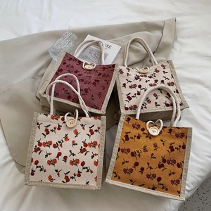 Chic floral canvas tote bag set with cotton rope handles and decorative wood buttons