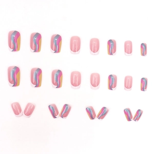 Pink press-on nails set with aurora wave patterns and French tips in 24 pieces