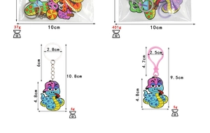 Detailed dimensions of colorful PVC snake keychains with metal and plastic clips