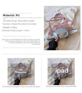 Silver dinosaur shaped mini crossbody bag showing detailed size and capacity comparison