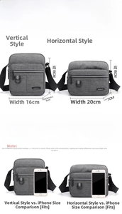 Detailed size chart for gray water-resistant oxford shoulder bag with dimensions