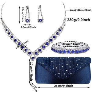 Blue zircon jewelry set with V-shaped necklace, earrings, bracelet and satin evening clutch bag