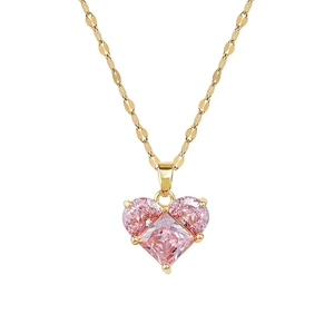 Titanium gold necklace featuring a luxury pink zircon heart pendant on white background