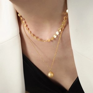 Double-layered 18K gold plated necklace with polished sequins and frosted ball pendant