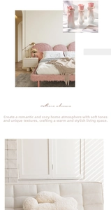 Detail of a wave-shaped pink plush cloud headboard with a minimalist white bedside table
