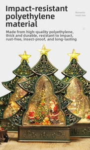 Detailed close-up of vintage Christmas tree music box with floating snow and figurines