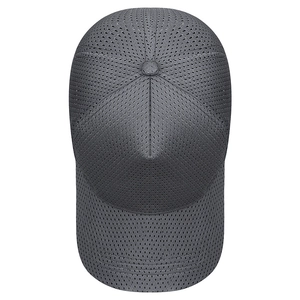 Breathable dark grey mesh baseball cap with six-panel structure and adjustable high crown