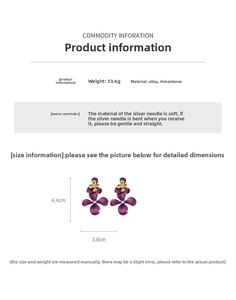 Detailed specs of purple flower earrings with rhinestones, size 6.4cm x 3.8cm, silver needle